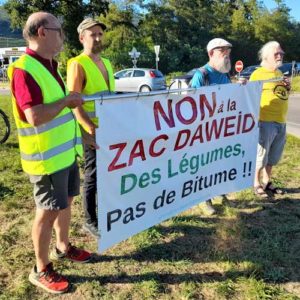 Au niveau du rond-point "Mader", autres militants tenant une banderole qui indique "Non à la ZAC Daweid ; Des légumes pas de bitume !"