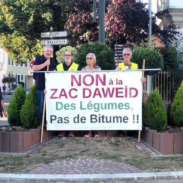 Au carrefour de Soultz, des élus du collectif tiennent la banderole indiquant "Non à la ZAC Daweid ; Des légumes pas de bitume !"